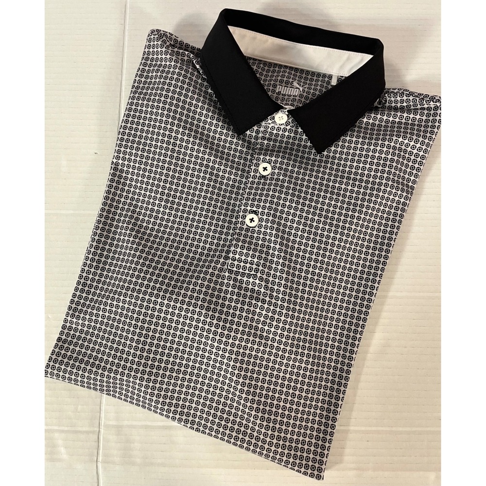 Puma Polo Shirt Mens Medium Black White Geometric Print Golf Tee - Picture 6 of 6